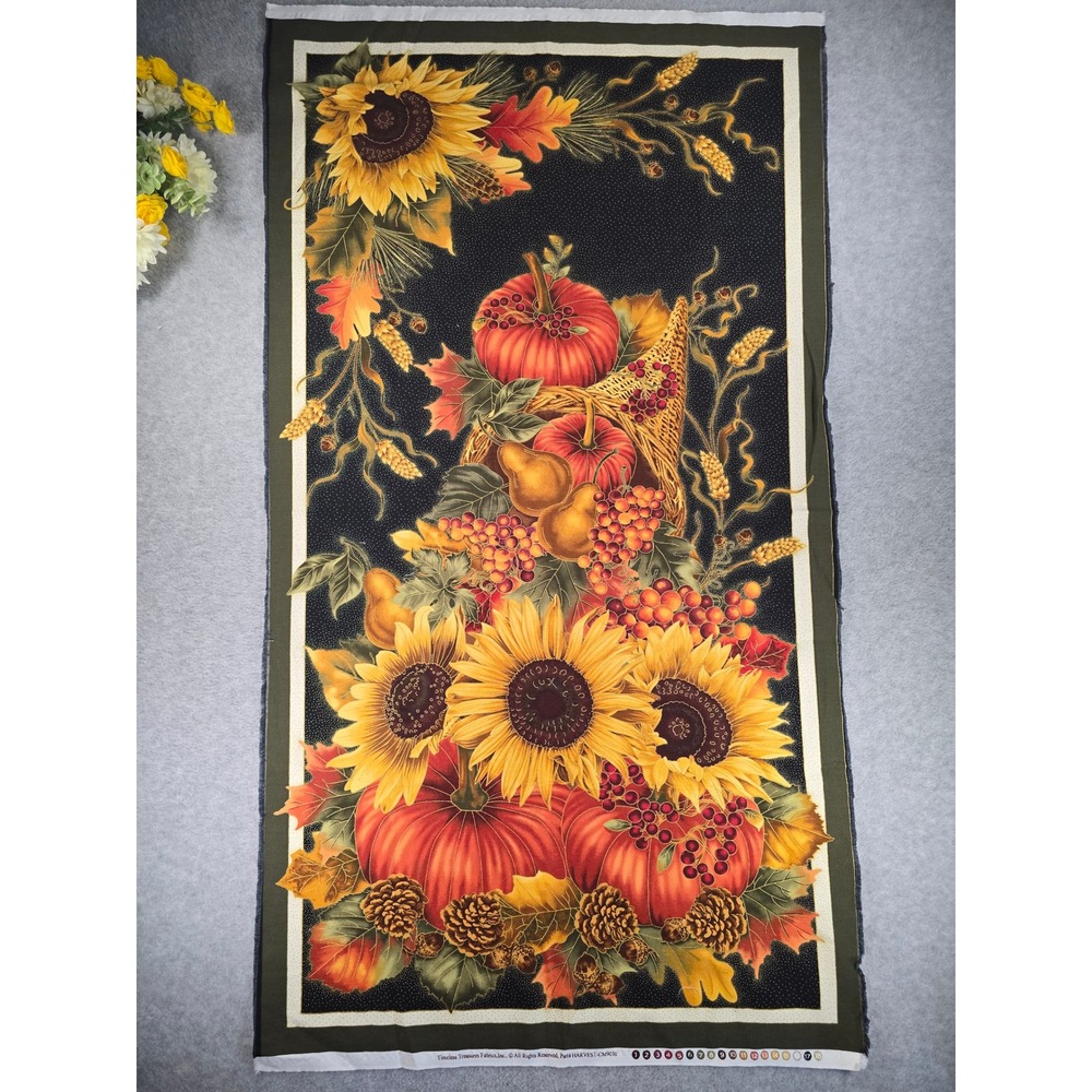 Timeless Treasures Cotton Fabric Panel Harvest Metallic Black Sunflowers 43x23